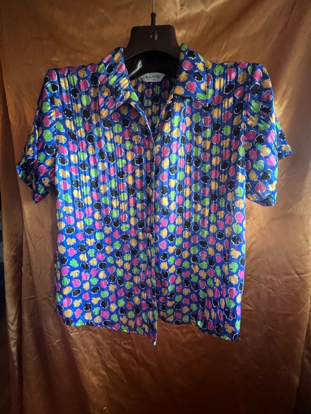 Vintage Jacquard Multi Abstract Print Short Sleeve Blouse 80s M-L